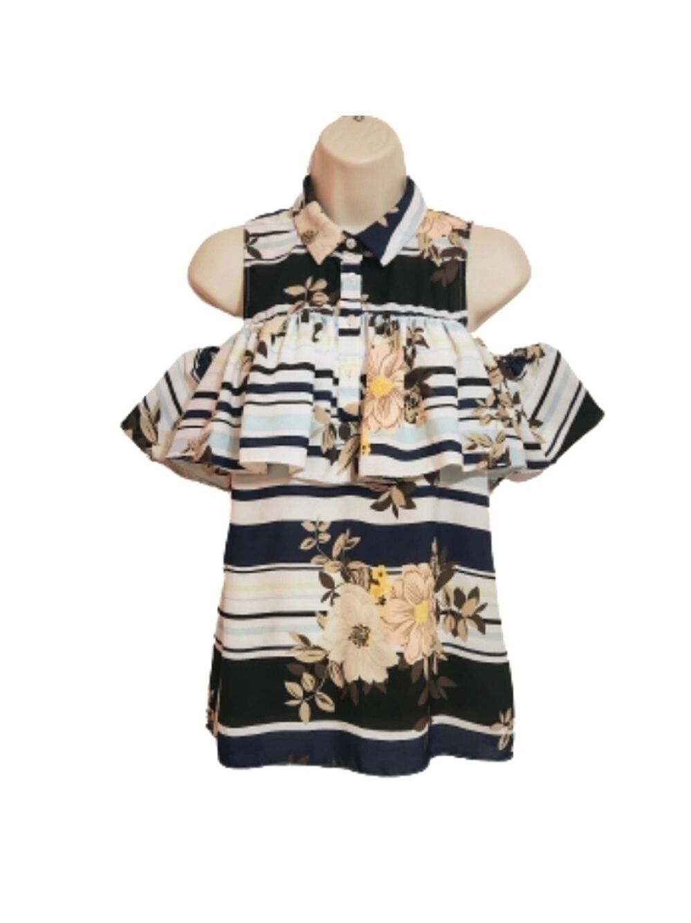 Guess Navy Tan Floral Stripe Cold Shoulder Ruffle Blouse Small